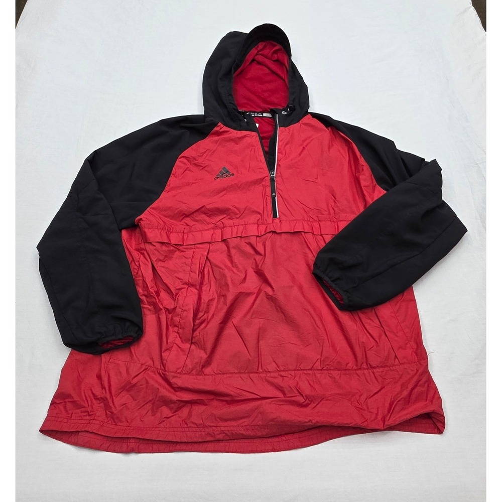 Adidas Mens Size 2XL Red Black Quarter Zip Hooded Windbreaker Jacket Pullover